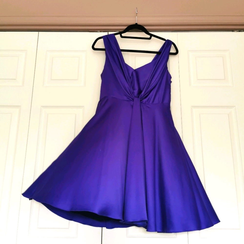 🍇 Sleeveless Silk Royal Purple Empire Waist Party Dress – L